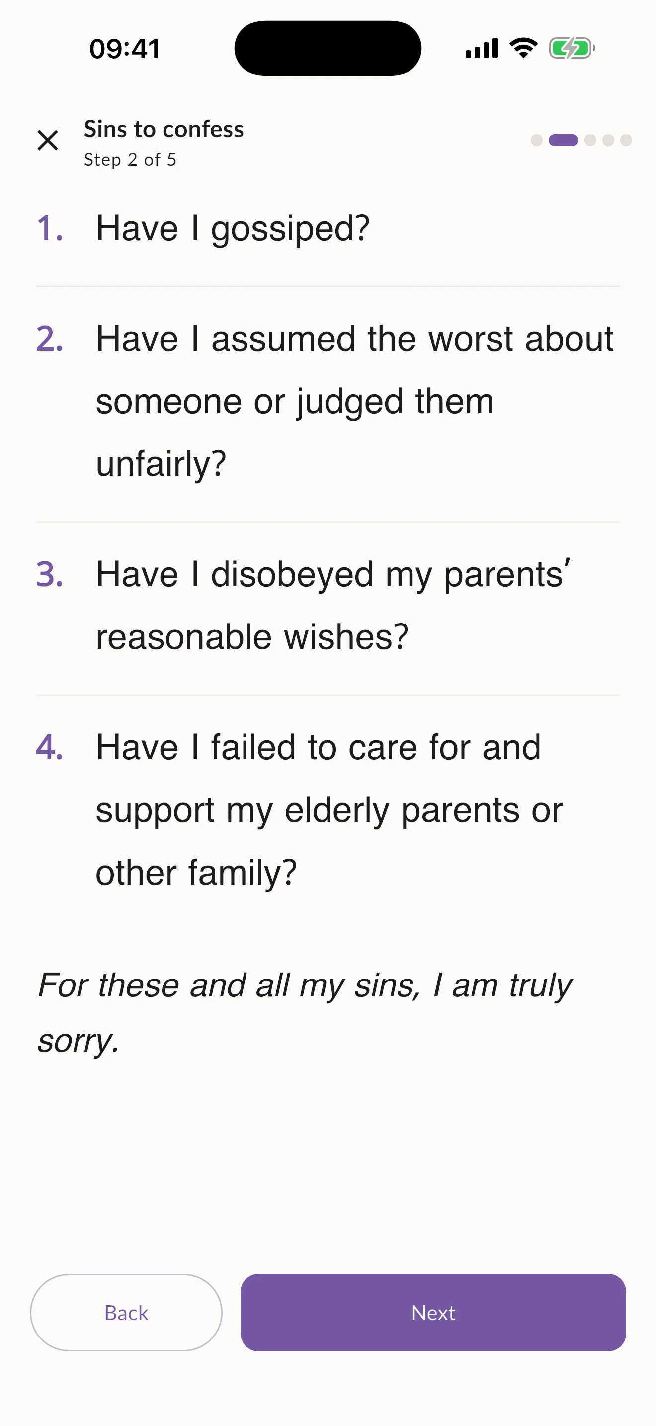 The Sins to confess step of Confession Mode with a prepared list of sample notes